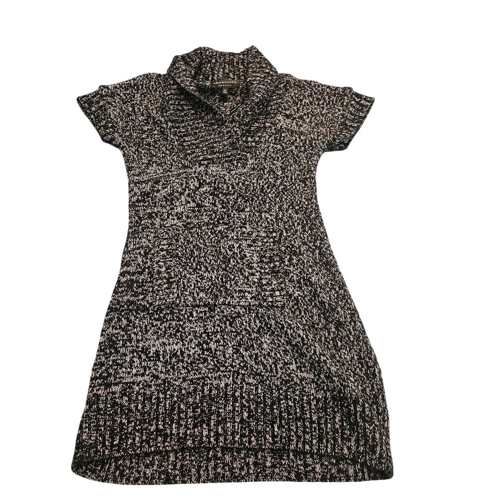 Connected Apparel Sweater Dress Medium Black White Marled Shawl Collar Pocket